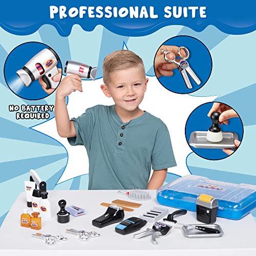 JOYIN 23Pcs Pretend Play Shaving & Grooming Kit for Kid, Boy Girl Barber Set w/ Storage Box, Toddler Hair Cutting Playset w/ Shaver, Scissors, Dryer, Razors for Boys Birthday, Presents Toys