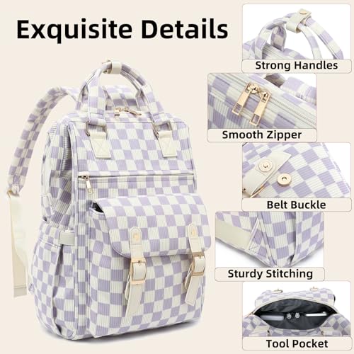 Image of Corduroy Laptop Backpack for Women 15.6 Inch Stylish College School Bookbag, Business Work & Travel Computer Backpacks (Checkered Purple)