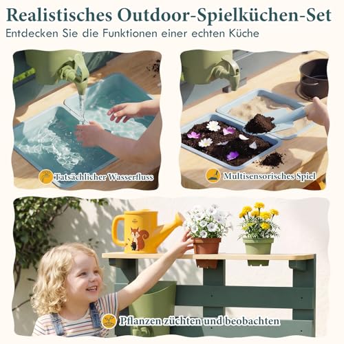 Lehoo Castle Holz Outdoor Matschküche für Kinder, Spielküche mit Echtem Waschbecken Küchenzubehör, Gartenspielzeug zum Kochen, Gießen Sensorisches Spielen, Montessori Lernspielzeug ab 3 Jahre