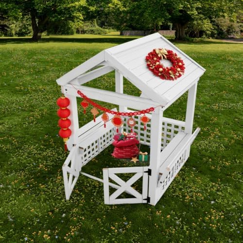 Kids Outdoor Wooden Playhouse with Bench, Waterproof Design and Door
