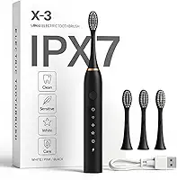 Escova de Dentes Elétrica Ultrassônica Recarregável USB, Portátil, 6 Modos de Escovação, IPX7 à Prova D’água, com 3 Cabeças Substituíveis Linha Premium