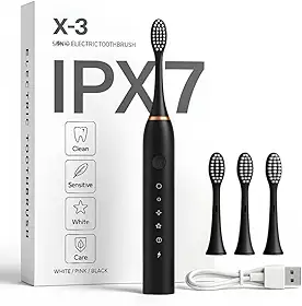 Escova de Dentes Elétrica Ultrassônica Recarregável USB, Portátil, 6 Modos de Escovação, IPX7 à Prova D’água, com 3 Cabeças Substituíveis Linha Premium