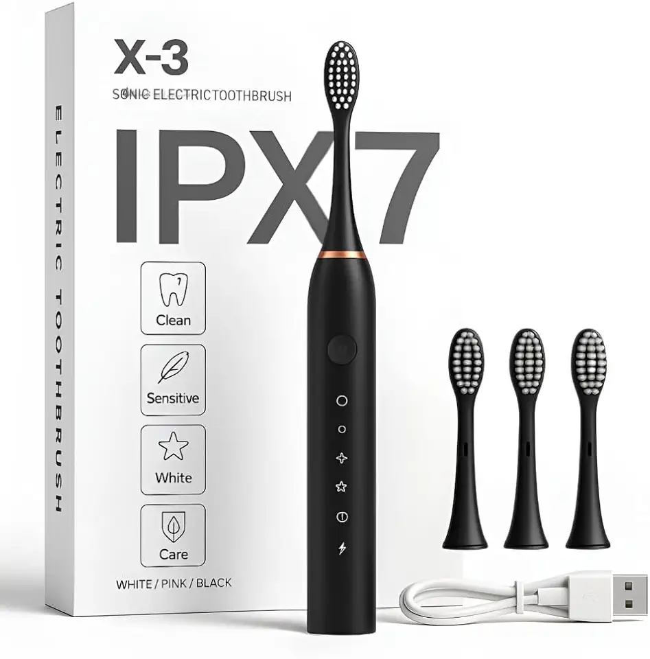 Escova de Dentes Elétrica Ultrassônica Recarregável USB, Portátil, 6 Modos de Escovação, IPX7 à Prova D’água, com 3 Cabeças Substituíveis Linha Premium