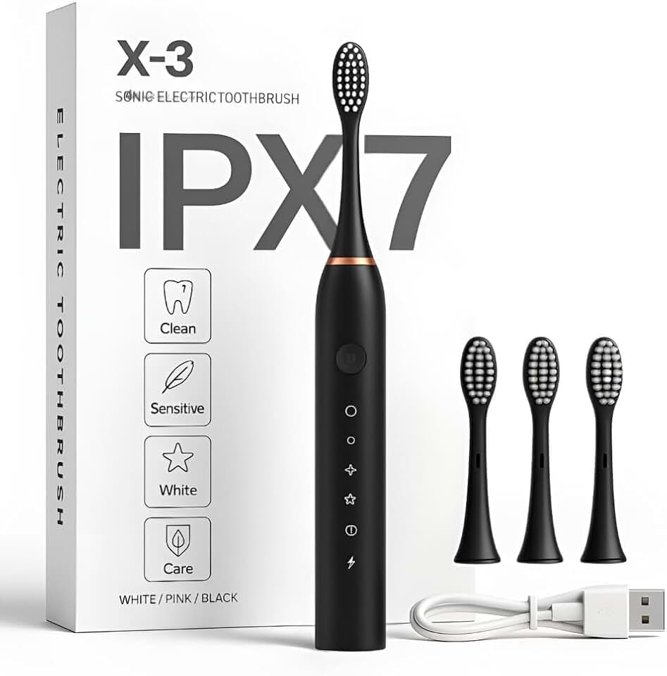 Escova de Dentes Elétrica Ultrassônica Recarregável USB, Portátil, 6 Modos de Escovação, IPX7 à Prova D’água, com 3 Cabeças Substituíveis Linha Premium