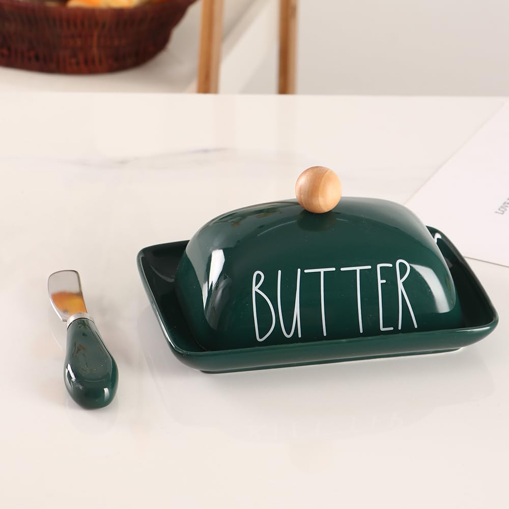 Recipiente pequeño para mantequilla con borde elevado, plato de mantequilla de porcelana, soporte para mantequilla para encimera, color verde