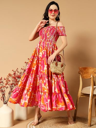 Kzully Women's Crepe Smocked Midi Dress (7001-Orange-Pink-Xxl-Print_Orange