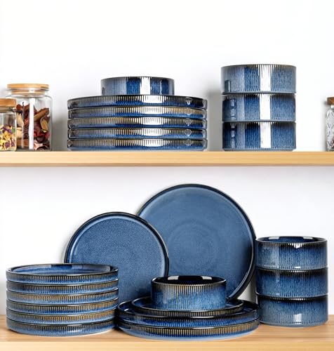 Image of TheTerra Ceramic Dinnerware Sets for 8, 24 Pieces Porcelain Lightweight Plates and Bowls Sets, Scratch Resistant Dish Set, Oven & Microwave & Dishwasher Safe, Starry Blue
