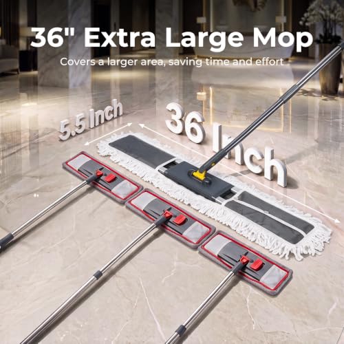 Image of 36 inch Large Flat Mop, Commercial Dust Mop with Long Handle | Aluminum Industrial Mop with 2 Washable Pads, Large Heavy Duty Industrial Push Mop for Hardwood, Laminate, Vinyl, Concrete