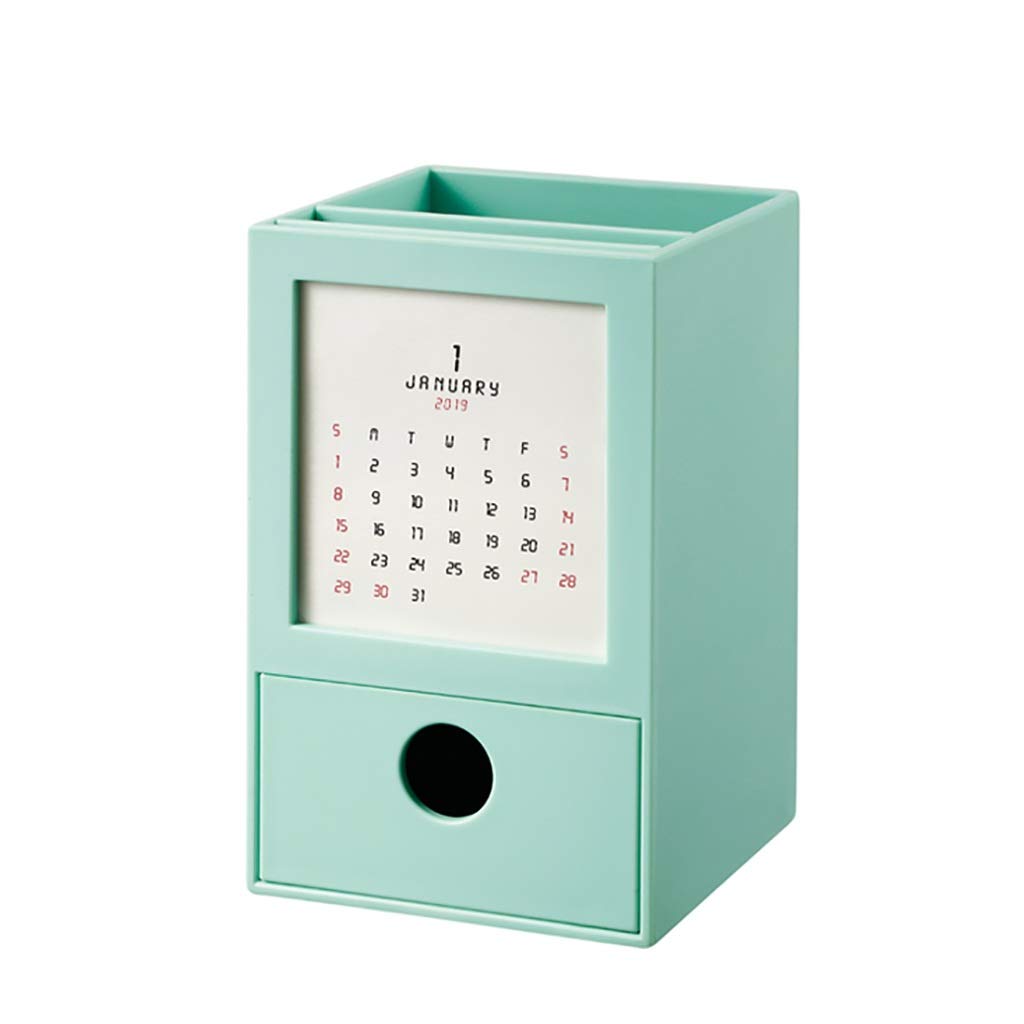Desktop storage box with Calendar with Drawers with Pen Holder Multi-Function Household Office Supplies Plastic storage box (C)