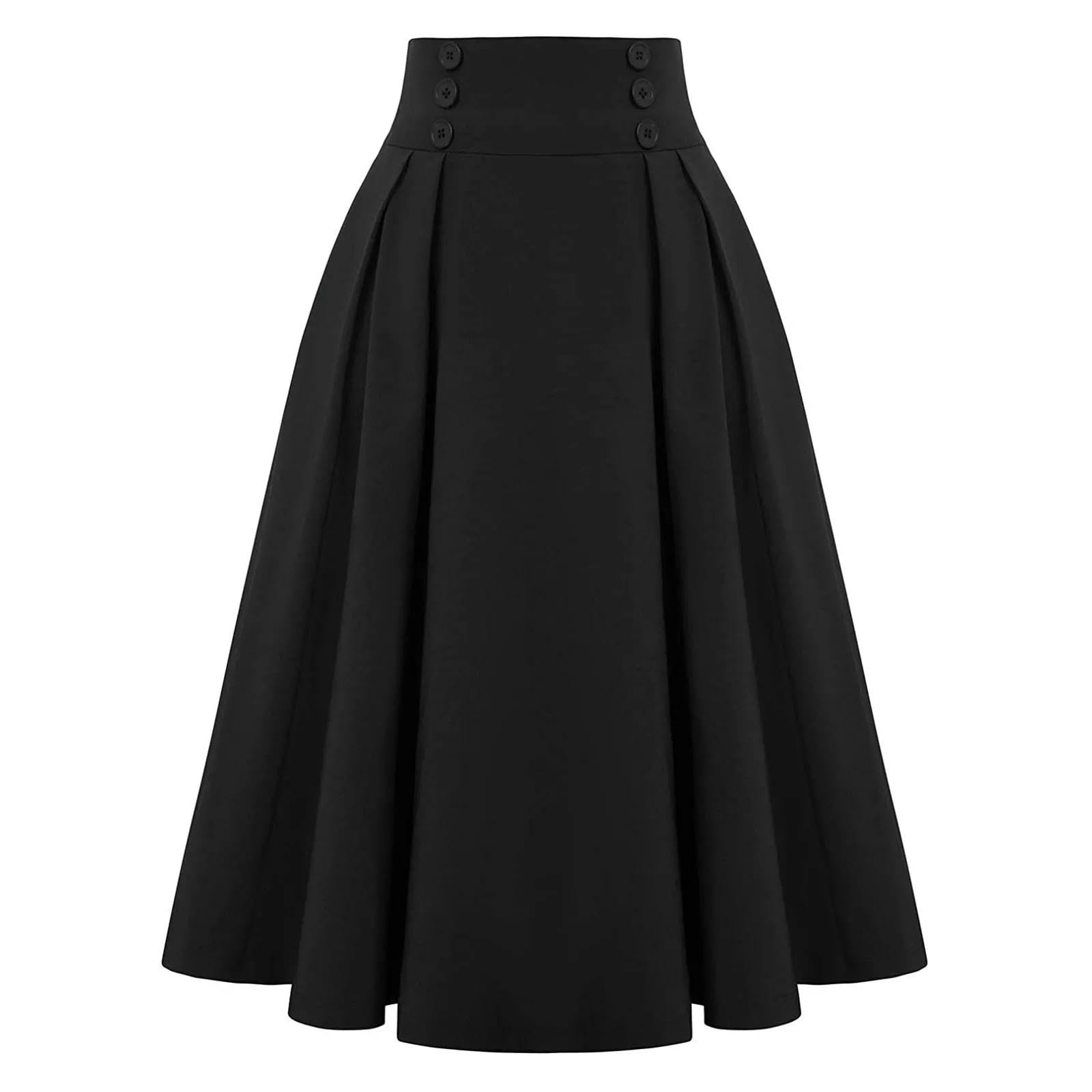 Faldas Casuales de Las Mujeres de Moda de Talle Alto botón Plisado Media Falda versátil de Longitud Media una línea Falda de Medio Cuerpo