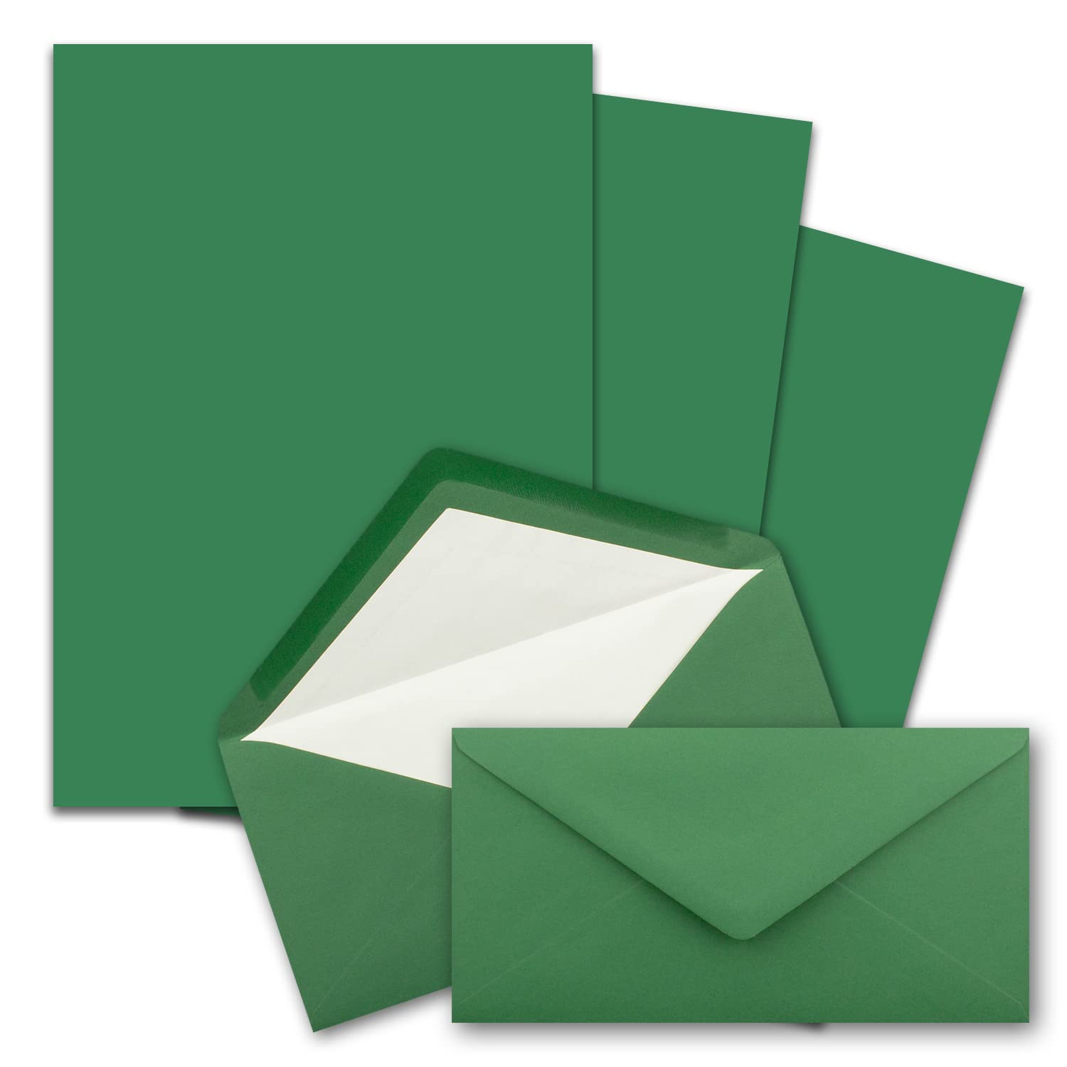 Set di 1000 buste di carta da lettere formato DIN A4 e DL foderate con fodera in seta bianca, incollaggio a umido, verde scuro, carta da scrittura opaca