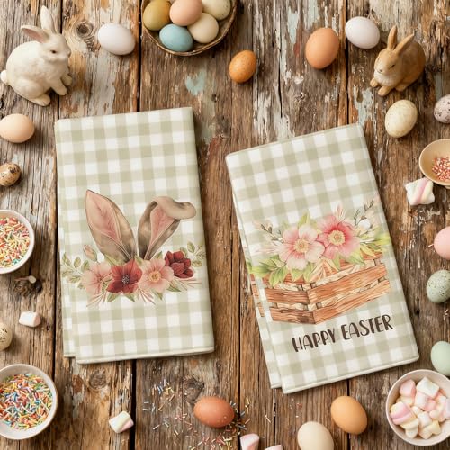 Scinzene 4 Stück Geschirrtuch Ostern Set 40x60 cm - Saugstarke Geschirrtücher Ostern mit Hasen Eier Blumen Motiv - Oster Geschirrtücher Frühling Deko Küche - Küchentücher Geschenk für Frauen