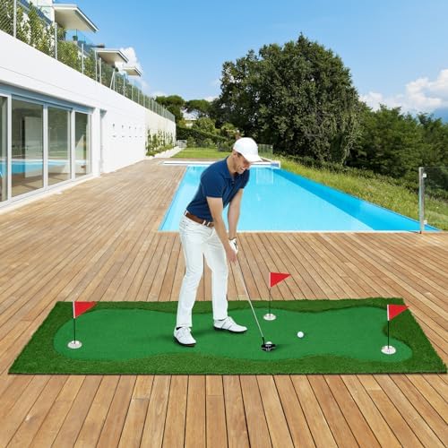 300 x 100cm Golf Übungsmatte, Golfmatte mit Kunstrasen, 2 Bälle, 3 Löcher, 3 Fahnen & Putting Cups, Puttingmatte faltbar für Indoor & Outdoor, Putting Green Golf Trainingsmatte für Zuhause