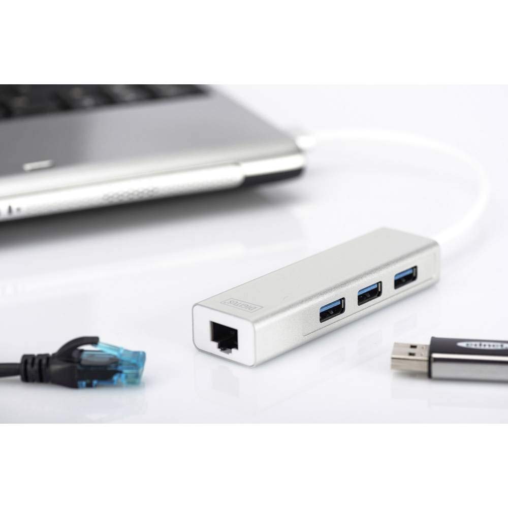 Digitus USB HUB - 3 Puertos - RJ45 Conexión Ethernet - Super Speed ​​USB 3.0 - 5 Gbit / S - Gigabit LAN - Carcasa de aluminio