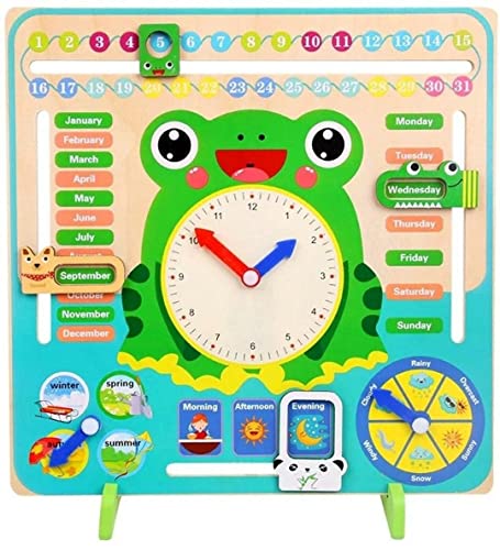 Image of PLUSPOINT Calendar Clock Wooden Learning Toys Kids, Multifunctional Wooden Frog Teaching Clock Calendar,Weather,Season,Time,Week Telling Preschool and Fun 3-14 Years Old
