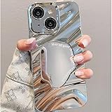 Mephoro Mirror for iPhone 15 用 メイクアップミラー ウォーターリップルパターン ファッション ラグジュアリー メッキ レディース ガールズ ソフト フレキシブル ウェーブ フレーム シェイプ シルバー