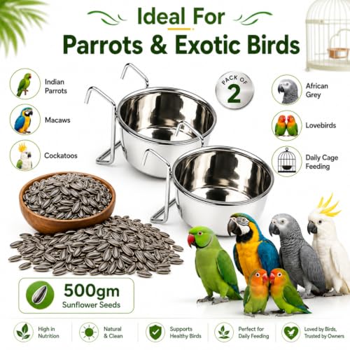 Image of Sage Square Bird Feeding Combo | Sunflower Seeds Bird Food 500gm + Stainless Steel Cage Feeder Bowl 250ml Set of 2 | Food, Seed, Water Serving Bowl for Parrot, Macaw, Cockatoo, Exotic Birds