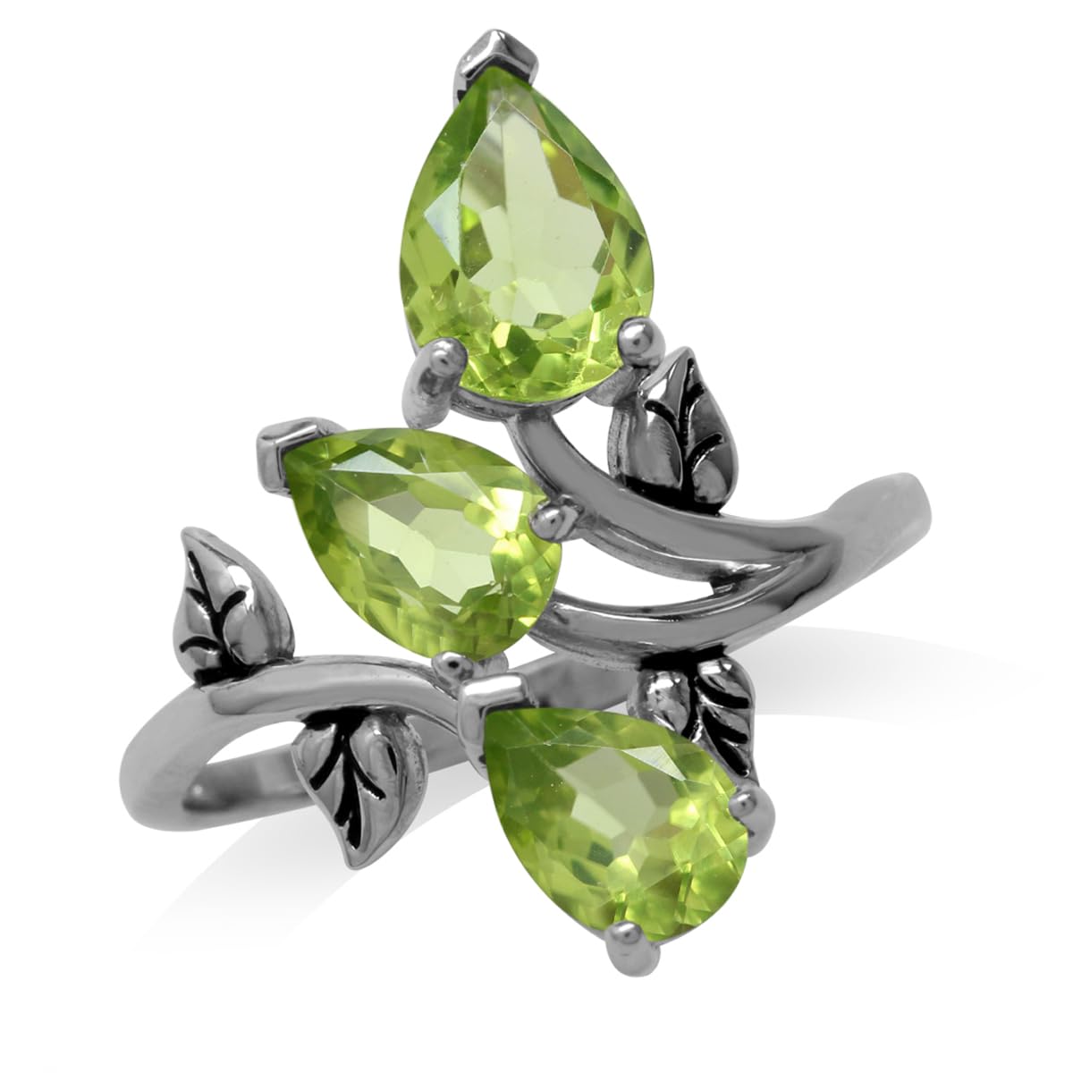 Silvershake 2.76ct. 3 Stone Natural Peridot Bypass Leaf Ring