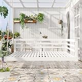 THINK 30 Outdoor Porch Swing Bed with Hemp Ropes, Patio Acacia Wood Hanging Bed, 350lbs Capacity, Open-Side Minimalist Design for Patio, Backyard, Garden, Twin Size, White