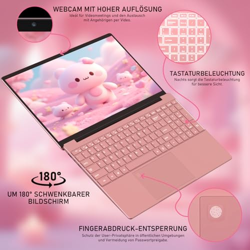 Laptop 15,6 Zoll, 8 GB RAM 256 GB SSD, Full HD IPS Notebook in Roségold, beleuchtete Tastatur, Fingerabdruck, Dual-Band WLAN, für Schule, Studium und Homeoffice – Bild 2
