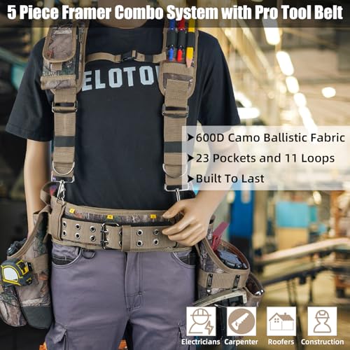 Image of MELOTOUGH Camo Tool Belt with Suspenders Camouflage Tool Bag Supenders Framers Comb Apron Tool Belt Construction Tool Pouch Suspenders Heavy Duty Carpenter Suspension Rig for Electrician