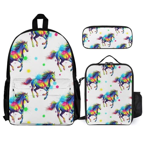Backpack for Women Men Bookbag Horse Art Design Backpacks Set Daypack with Lunch Bag and Pen Case
