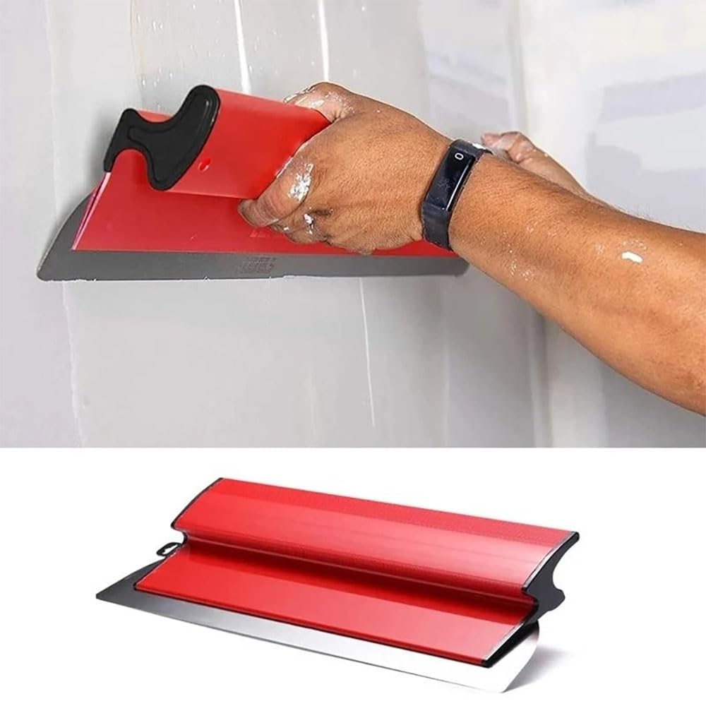 NEWFUN Kit Lame à Lisser pour Plaquiste, Spatules de 25 cm, 40 cm, 60 cm et 80 cm pour le Crépissage des Murs et Plafonds, Perche Télescopique de 1,27 M (red)