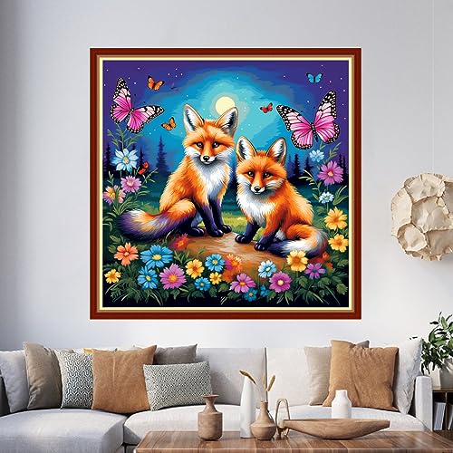 Image of Foxhool Beginners Cross Stitch Kits Stamped Full Range of Embroidery Kits for Adults DIY Cross Stitches kit Embroidery Patterns for Needlepoint kit-Colorful Fox Butterfly 17.7x17.7 inch