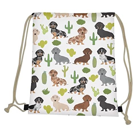 KUIFORTI Kids Teens Casual Daypack with Dachshund Cactus Print Drawstring Bags for Boys Girls Cute Portable String Bag Sackpack Swimming Sport PE Kit Bag Cover