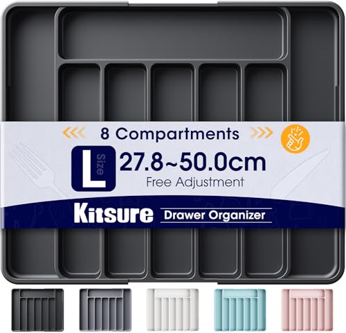 Kitsure Large Cutlery Drawer Organiser for Kitchen - Adjustable Cutlery Tray for Effortless Utensil Sorting, Versatile Kitchen Storage & Organisation Solution, Black, 34.8 x 3.9 x 27.8~50.0 cm