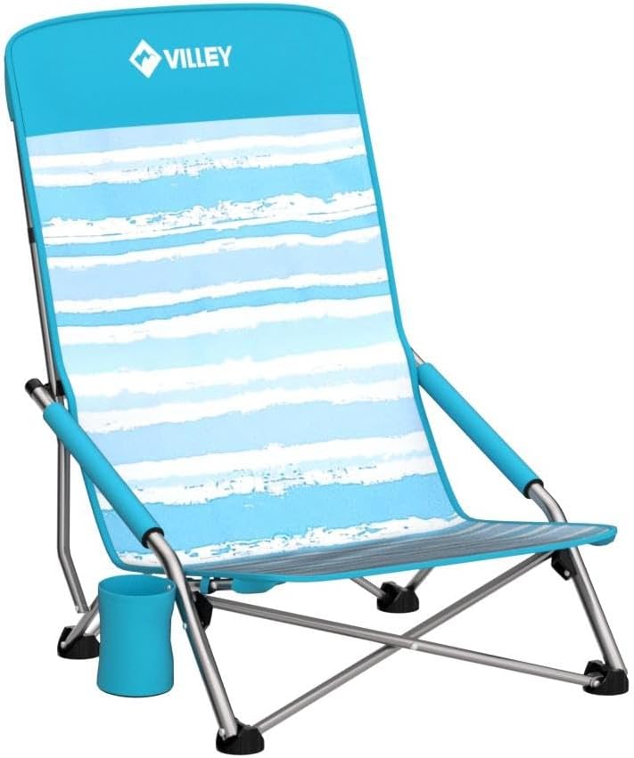 VILLEY Low Beach Chair, High Back Folding Chair for Adults, Lightweight and Portable for Outdoor, Camping, Lawn, Music Festival, with Cup Holder and Carry Bag - Blue Stripes - Image 5