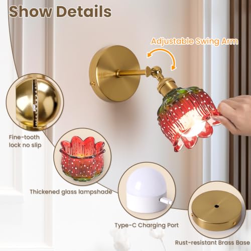 Image of Vintage Battery Operated Wall Sconce:Set of 2 Rechargeable Strawberry Light | 5000mAh Flower Glass Cordless Mounted Lighting, Wireless Dimmable Powered Gold Sconces, Remote Control, Bedroom Bedside Decor