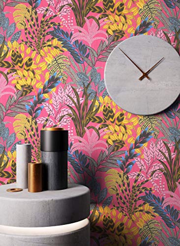 NEWROOM Tapete Pink Vliestapete Dschungel - Dschungeltapete Floral Gelb...