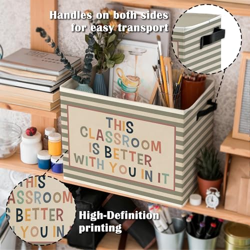 Image of Boho Classroom Storage Bins Box with Handles, This Classroom Is Better You in It Inspirational Striped Collapsible Basket Organizer for Kids Room Nursery Bedroom Books