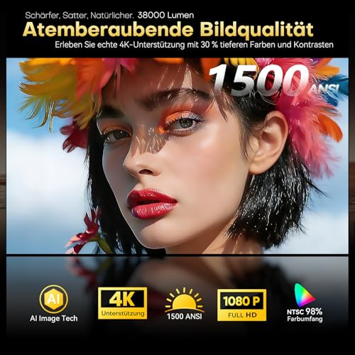 Beamer【1500 ANSI/Autofokus/360°-Drehung】 XIWBSY Projektor 4k Google TV/Sprachsteuerung, WiFi 6 Bluetooth 5, 38000 Lumen, Heimkino/Outdoor Beamer Netflix