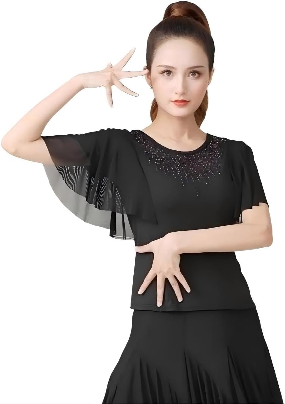 Women's Latin Dance Practice Clothing Tops Trumpet-Sleeved Short-Sleeved Ballroom Dance Modern Performance Clothing