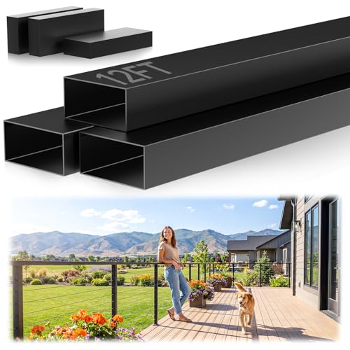 Image of 12FT Black Stainless Steel Cable Railing Handrail with POM Connector | 3 Pack Rectangular Cuttable Handrail, 2-3 /8 inchx1-3 /16 inch Flat Top Hand Railing, Deck Handrail for Indoor Outdoor Railing System