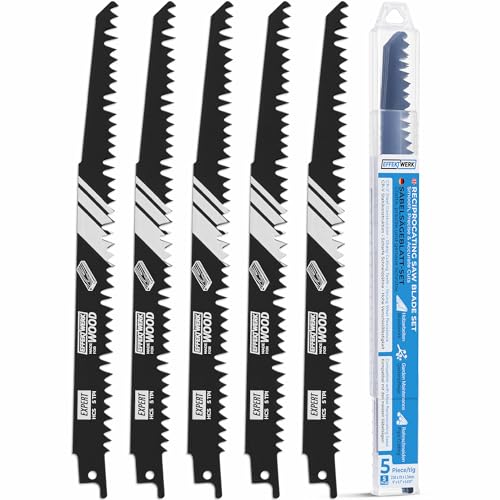 EffektWerk - Hojas de sierra recíproca para madera - 5 piezas - Hojas de sierra de sable de acero HCS de 9'/230 mm para cortar madera y plástico - 6 TPI (dientes por pulgada)
