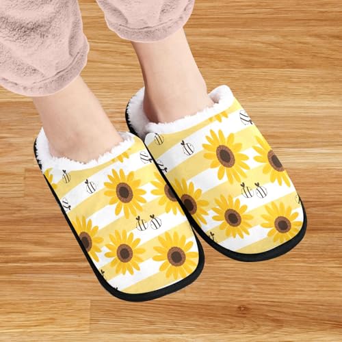 visesunny Funny Slippers for Women Men Soft Plush Warm Fuzzy Winter holiday slippers Sunflower Bee White Yellow Stripe Cozy House Slippers Comfy Bedroom Slippers Indoor Outdoor Shoes2