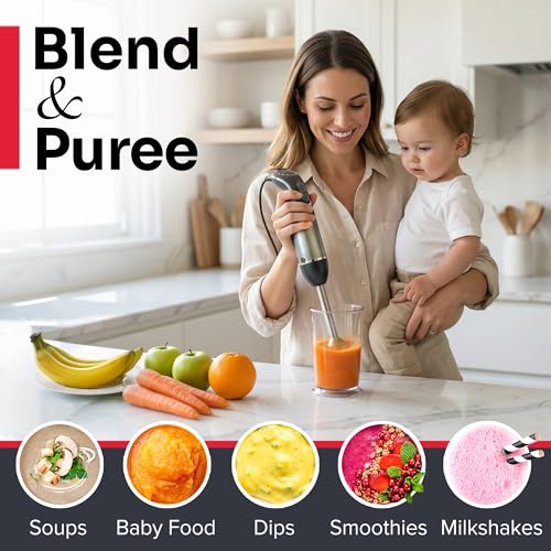 Mueller Multistick 5-in-1 Immersion Blender Handheld,12 Speed Hand Mixer-Turbo Boost,Heaviest Duty Copper Motor,Titanium reinforced Blades Hand Blender,Milk Frother Wand,Whisk,Beaker,Chopper,Grey