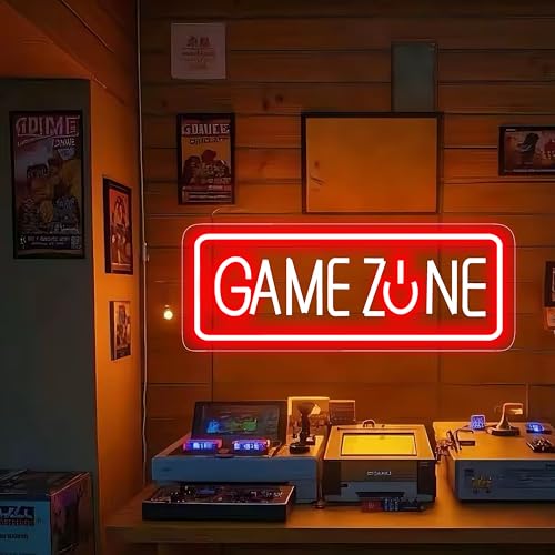 Image of GAMEZONE Neon Sign for Wall Decor - Red & White Led Neon Light for Gaming Room, Bedroom, Cool Game Zone Sign with Dimmable Switch, 15.7x6.7 inch, USB Powered Gaming Wall Art for Boys Room, Man Cave