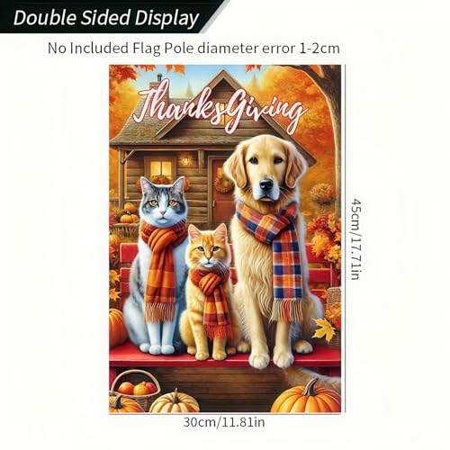 Image of BlissYard Thanksgiving Dog and Cat Garden Flag 12x18 Inch Fall Yard Decor | Double sided polyester, dog, cats and pumpkin design, cozy fall decor for porch, garden, lawn and yard