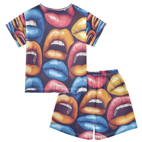 Pajama Sets Short Sleeve Colorful Lips Art Pattern Soft Cotton Summer Sleepwear 2 Piece PJS Size 5-14T2