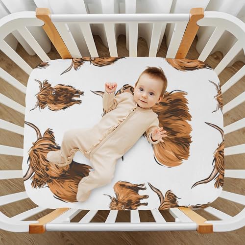 Image of Highland Cow Cute Crib Sheets Soft Breathable Fitted Baby Crib Sheets Mattress Cover for Girls Boys, 52 inch x 28 inch x 9 inch