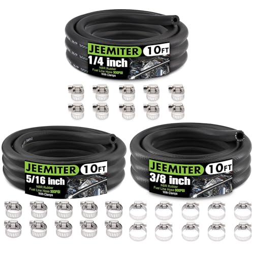 Image of Jeemiter Fuel Line Hose Assortment Pack - 1 /4 inch, 5 /16 inch, 3 /8 inch ID x 10FT Each with 30 Clamps - SAE 30R7 NBR Rubber Multi-Size Kit for Small Engine, Automotive, Marine Repair