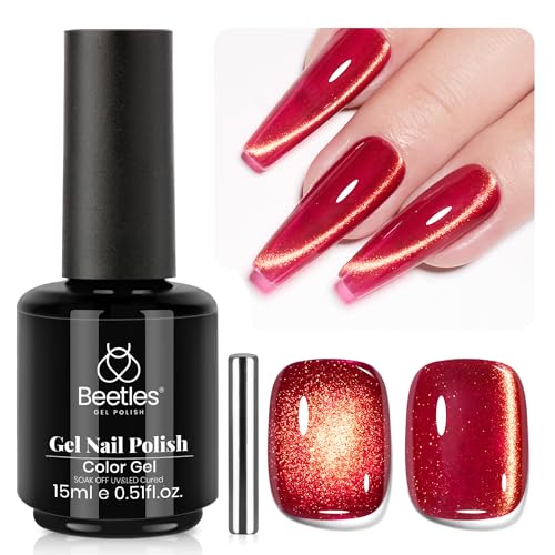 Image of Beetles Red Cat Eye Gel Nail Polish - 15ML Cherry Red Glass Magnetic Cat Eye Glitter Gel Polish with Gold Powder Soak Off UV Twilight Toast Collection Nail Art Design Manicure Gifts for Women