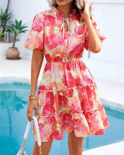 Image of BTFBM Women Summer Floral Short Dresses V Neck Short Sleeve Tiered Ruffle Boho Swing Dress A-Line Mini Dresses