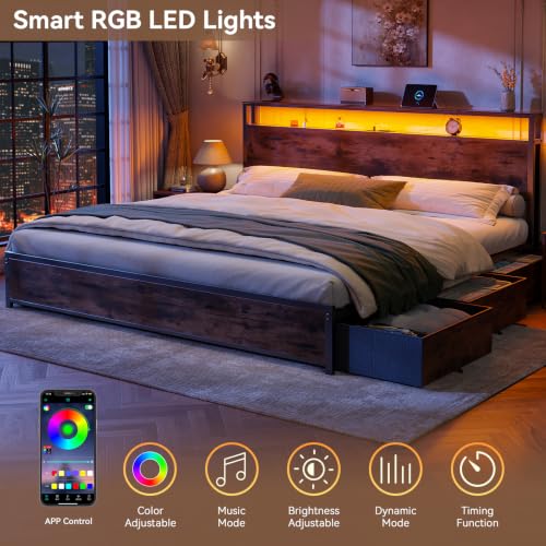 Image of Forestell King Size Bed Frame with 2-Tier Storage Headboard & 6 Drawers | Platform Bed with Heavy Duty Slat Support, Charging Station & LED, USB, Type-C & AC Ports, Noise-Free, No Box Spring, Brown