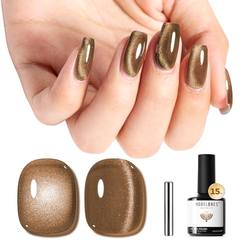 Image of modelones Brown Cat Eye Gel Nail Polish Latte Shimmer 9D Magnetic Cateye Gel Nail Polish UV LED Soak Off Winter Nail Manicure 15ML