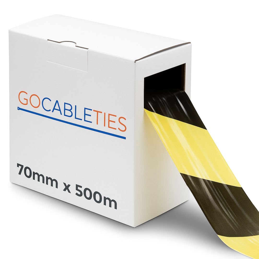 Gocableties Black/Yellow - 70mm x 500m Barrier Warning Tape - Non Adhesive Plastic Barrier Cordon Off for Caution and Safety